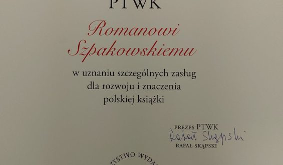 Dyplom Stulecia PTWK dla ks. Romana Szpakowskiego
